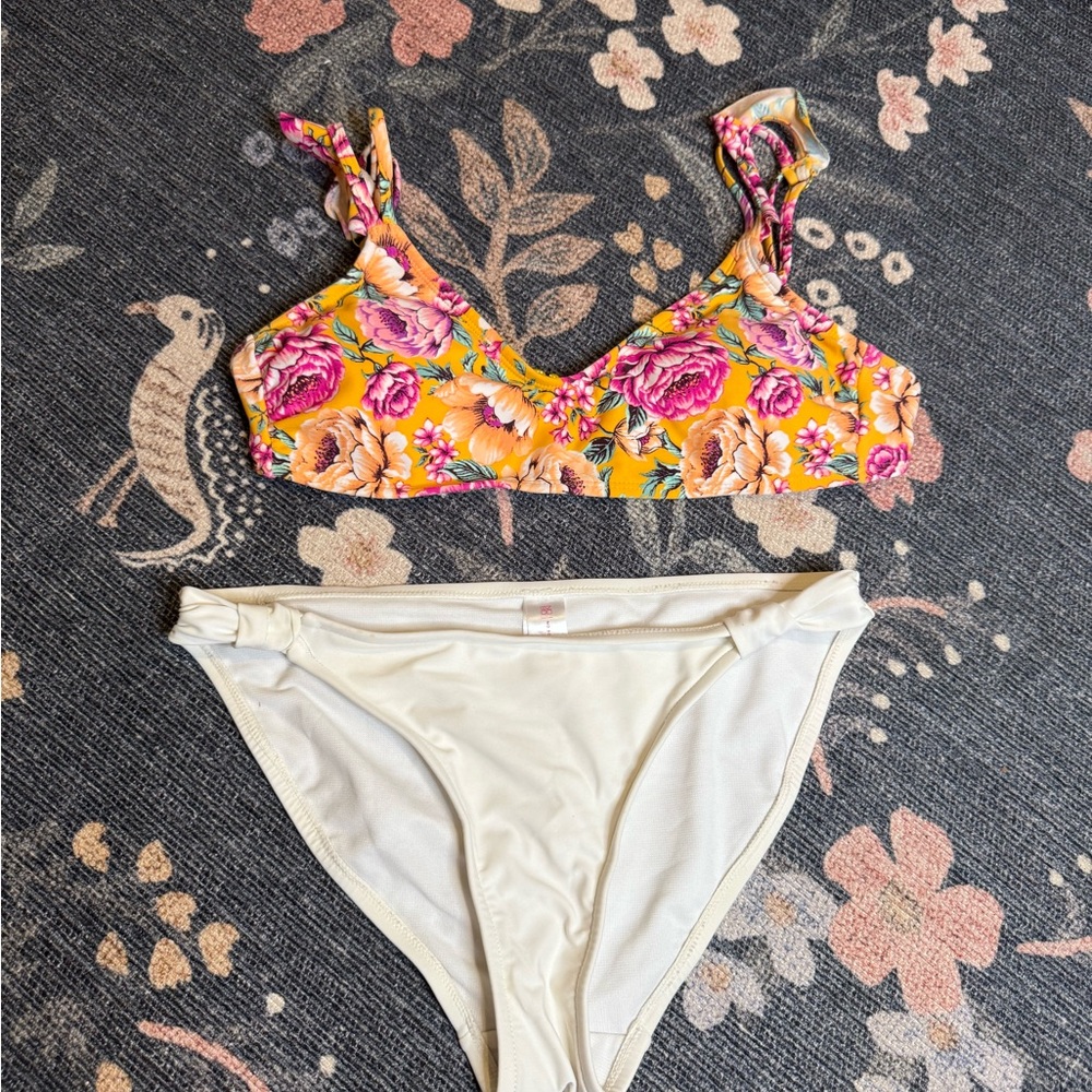 Pink and Cream Floral Bikini Set with Ruffled Top